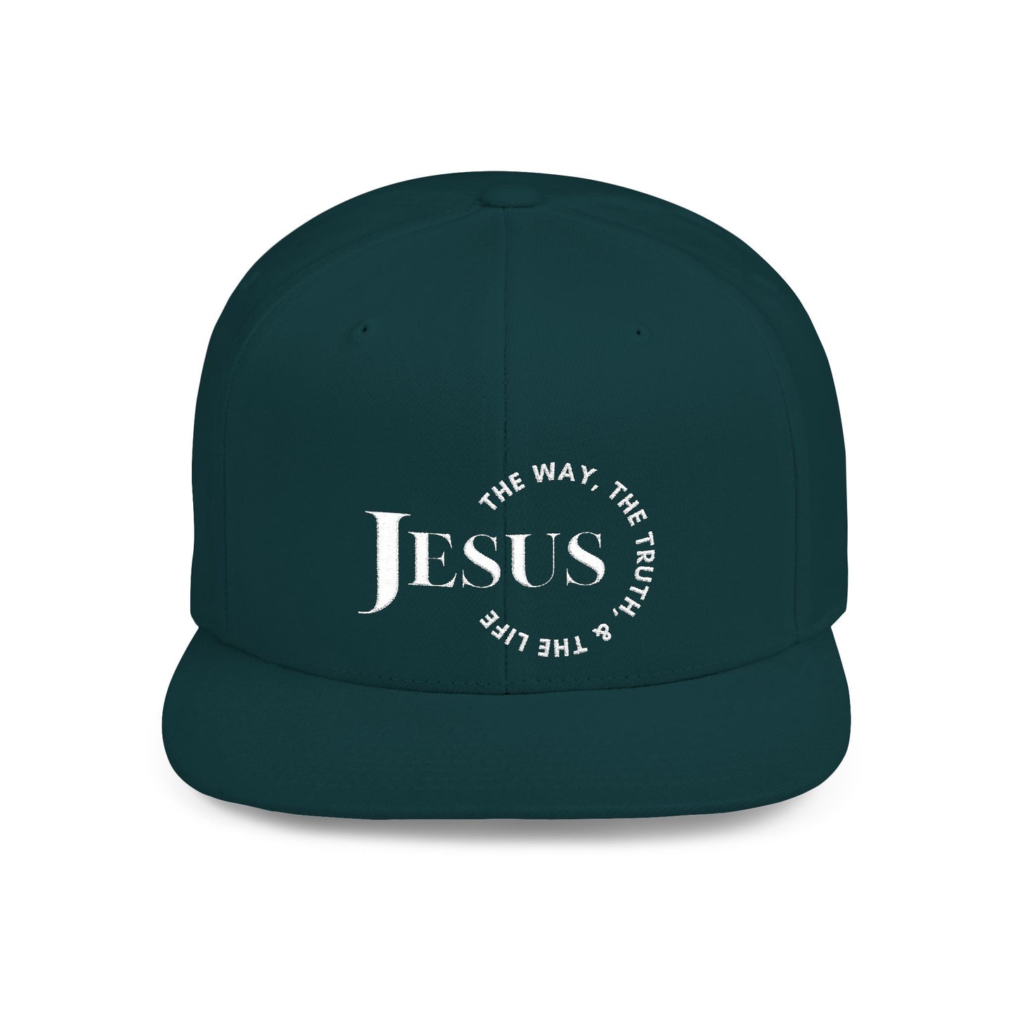 Christian snapback hat featuring the text Jesus The Way The Truth The Life in bold lettering