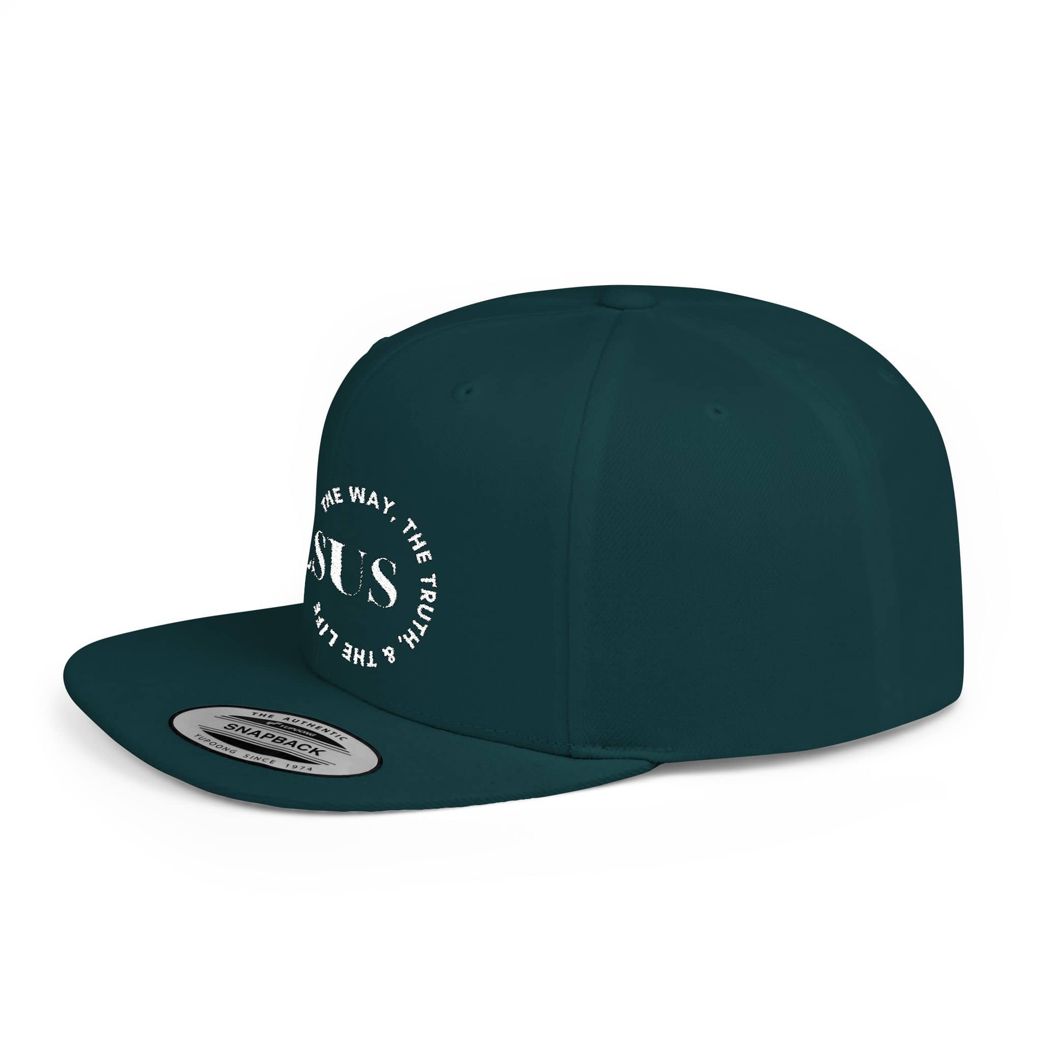 Teal Christian snapback hat featuring the text Jesus in a stylish design for casual wear