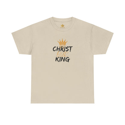 Beige Christian statement shirt with Christ Our King text and gold crown graphic by Logos Co. 