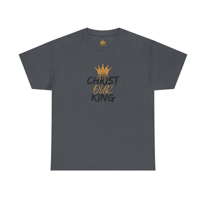 Logos Co. Christian statement shirt charcoal gray with gold crown and Christ Our King text design