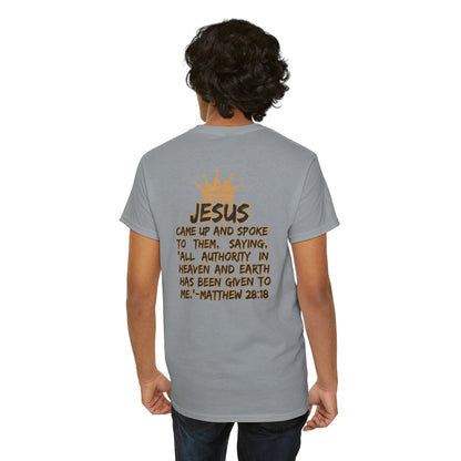 Gray Christian statement shirt with Jesus quote and crown graphic on the back from Logos Co. 