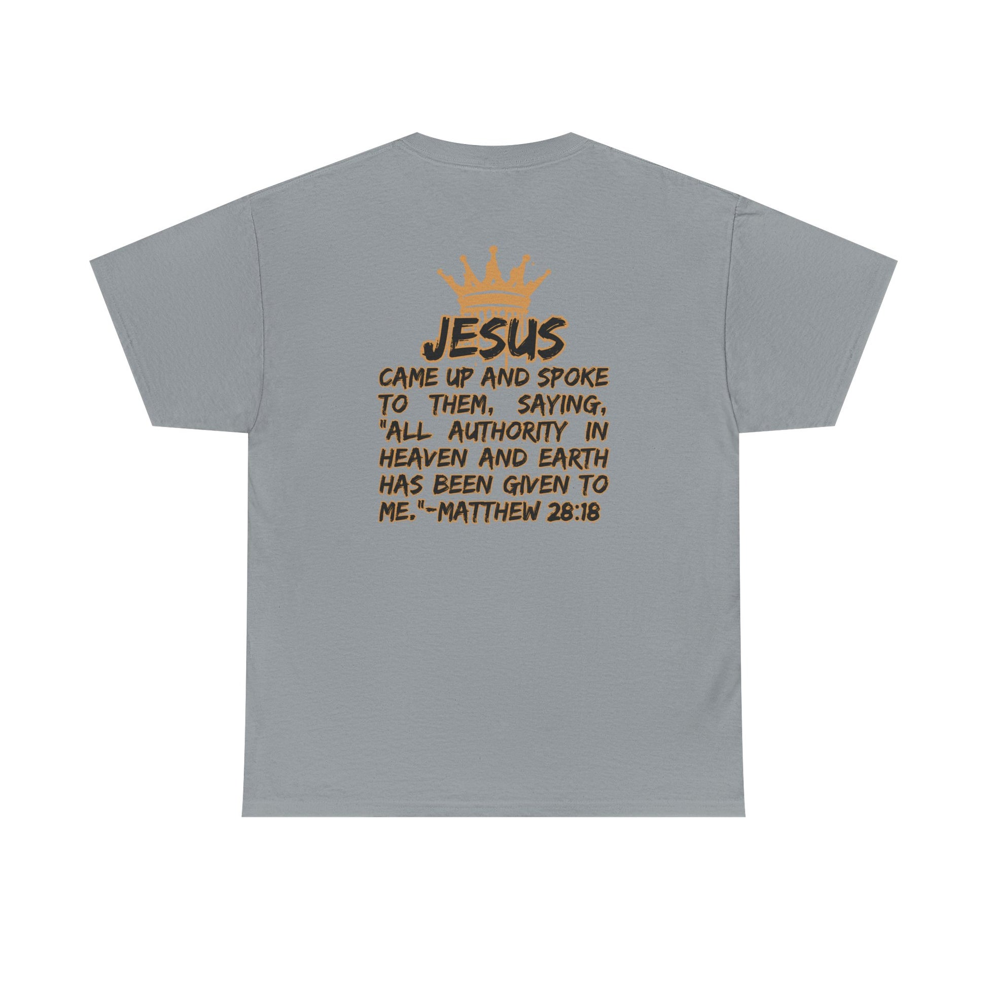 Logos Co. gray Christian statement shirt with Jesus quote and crown graphic on the back