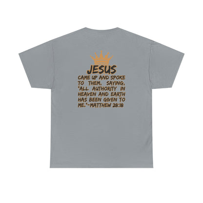 Logos Co. gray Christian statement shirt with Jesus quote and crown graphic on the back