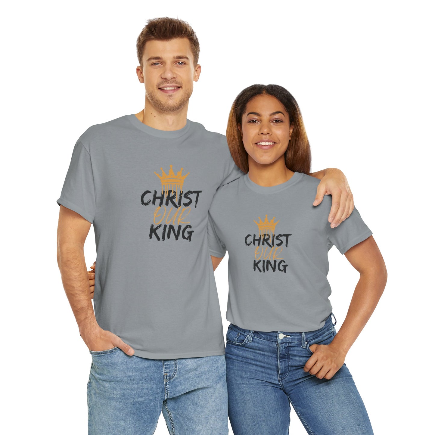 Logos Co. gray Christian statement shirt worn by man and woman with Christ Our King design