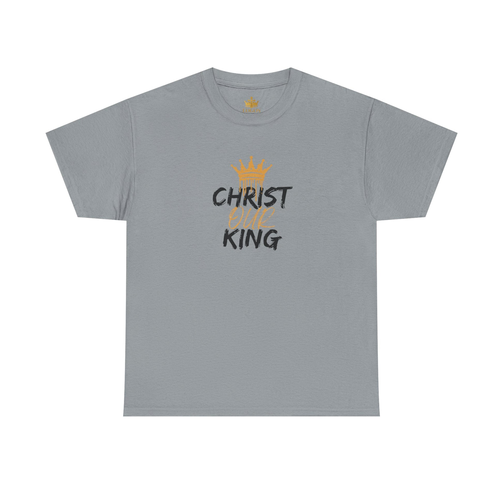 Gray Christian statement shirt with gold crown and text Christ Our King printed on front