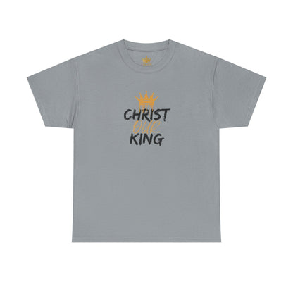 Gray Christian statement shirt with gold crown and text Christ Our King printed on front