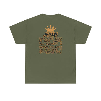 Logos Co. olive green Christian statement shirt with Jesus scripture and crown graphic on back