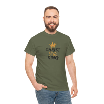 Logos Co. green Christian statement shirt with Christ Our King text and crown graphic worn by smiling man