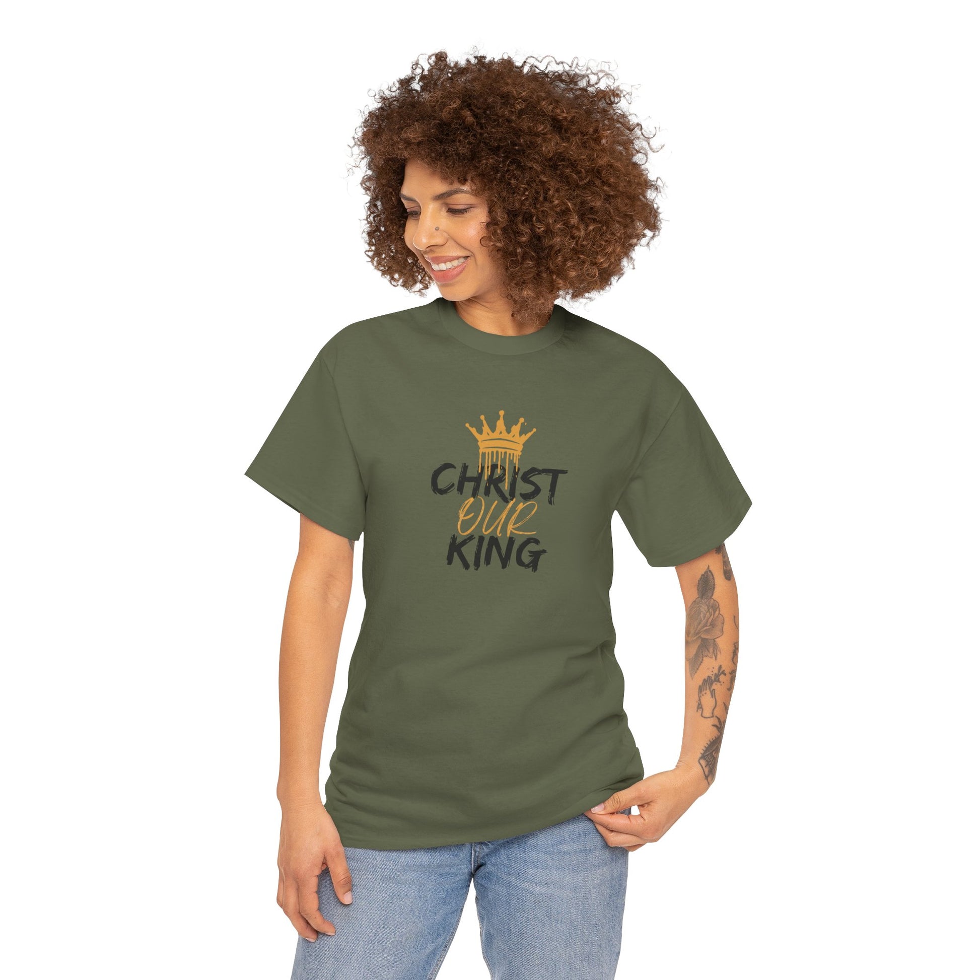 Logos Co. olive green Christian statement shirt with Christ Our King text and gold crown design