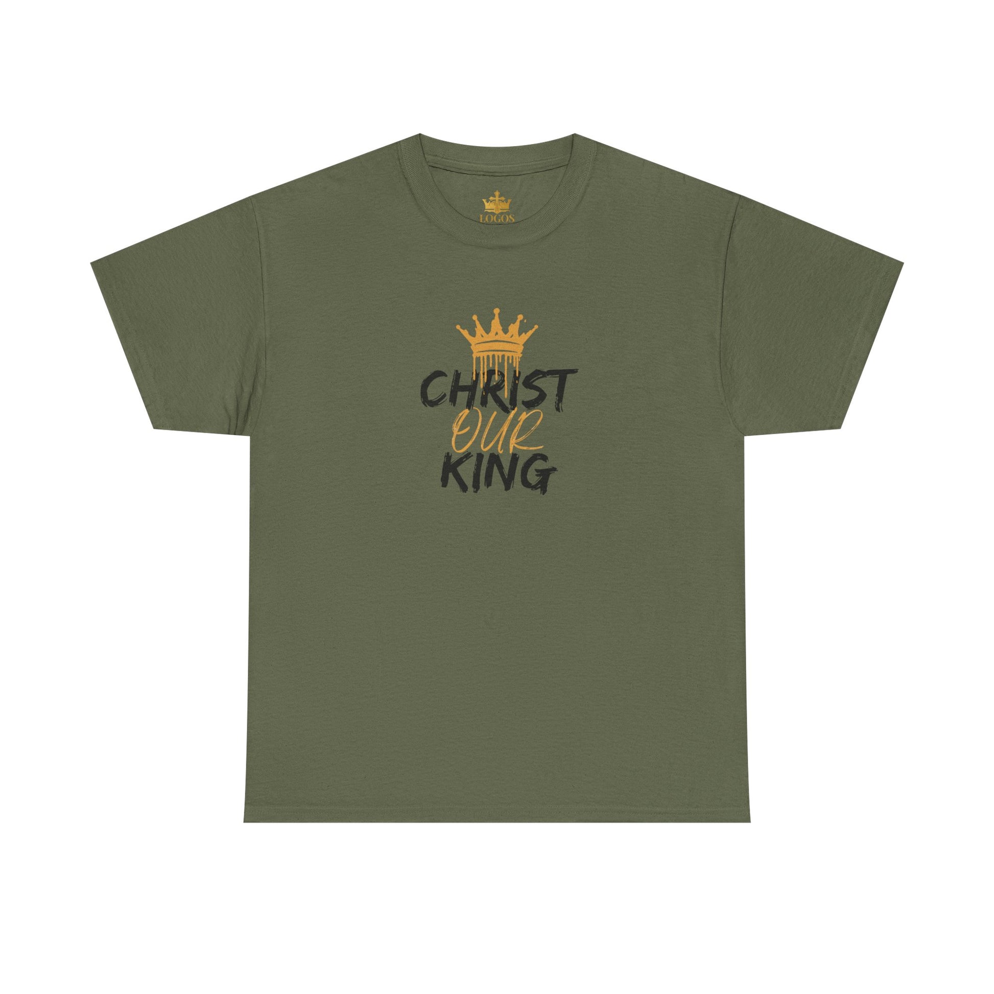 Olive green Christian statement shirt with Christ Our King text and gold crown design by Logos Co.