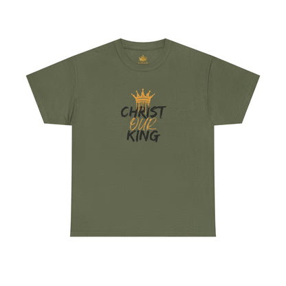 Olive green Christian statement shirt with Christ Our King text and gold crown design by Logos Co.