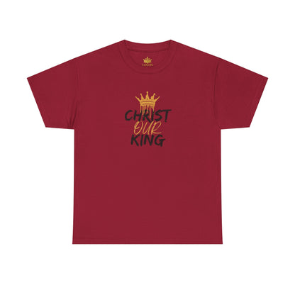 Red Christian statement shirt with gold crown and text Christ Our King printed on front