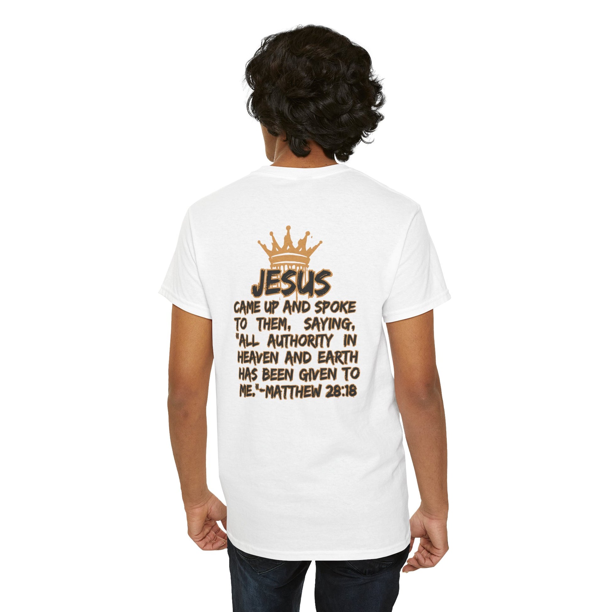 White Christian statement shirt with Bible verse Matthew 28:18 and crown graphic on back