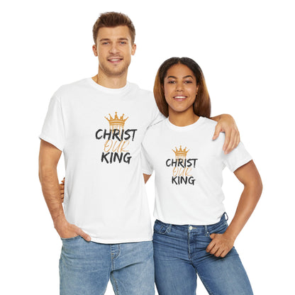 Logos Co. Christian statement shirt with Christ Our King text and crown design worn by man and woman