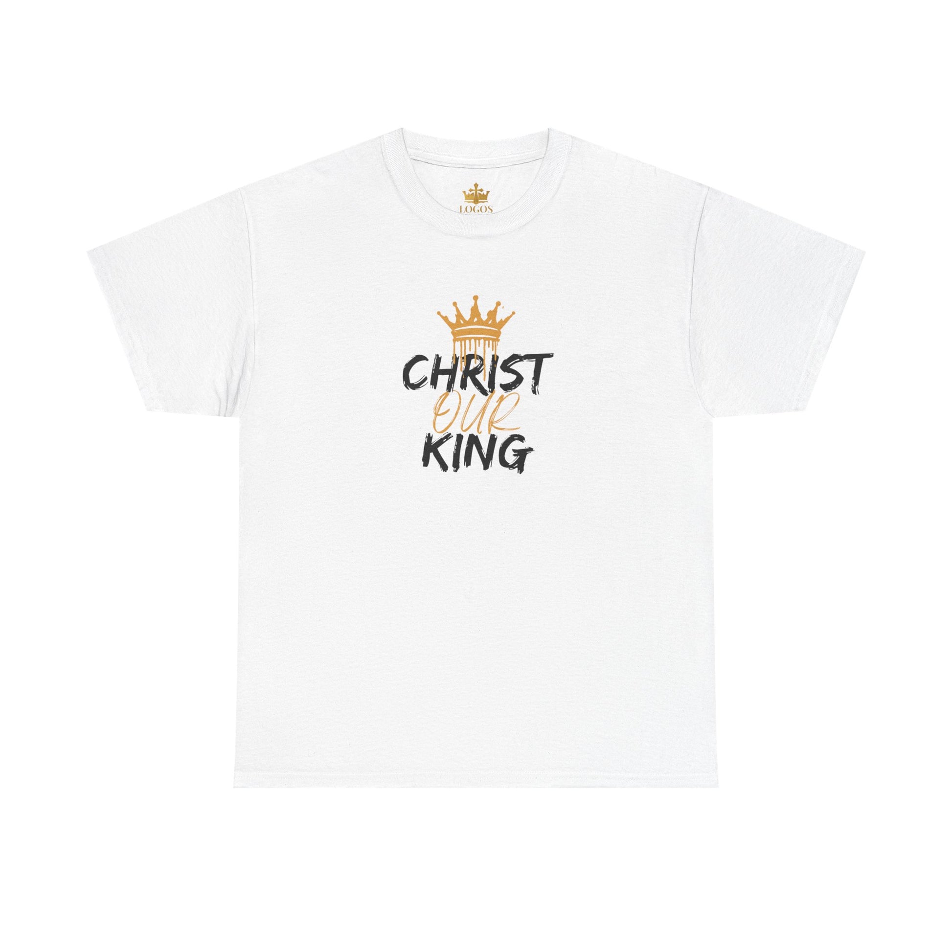 White Christian statement shirt with gold crown and text Christ Our King printed on front