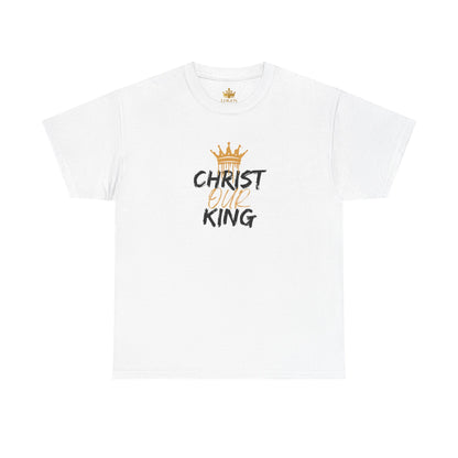 White Christian statement shirt with gold crown and text Christ Our King printed on front