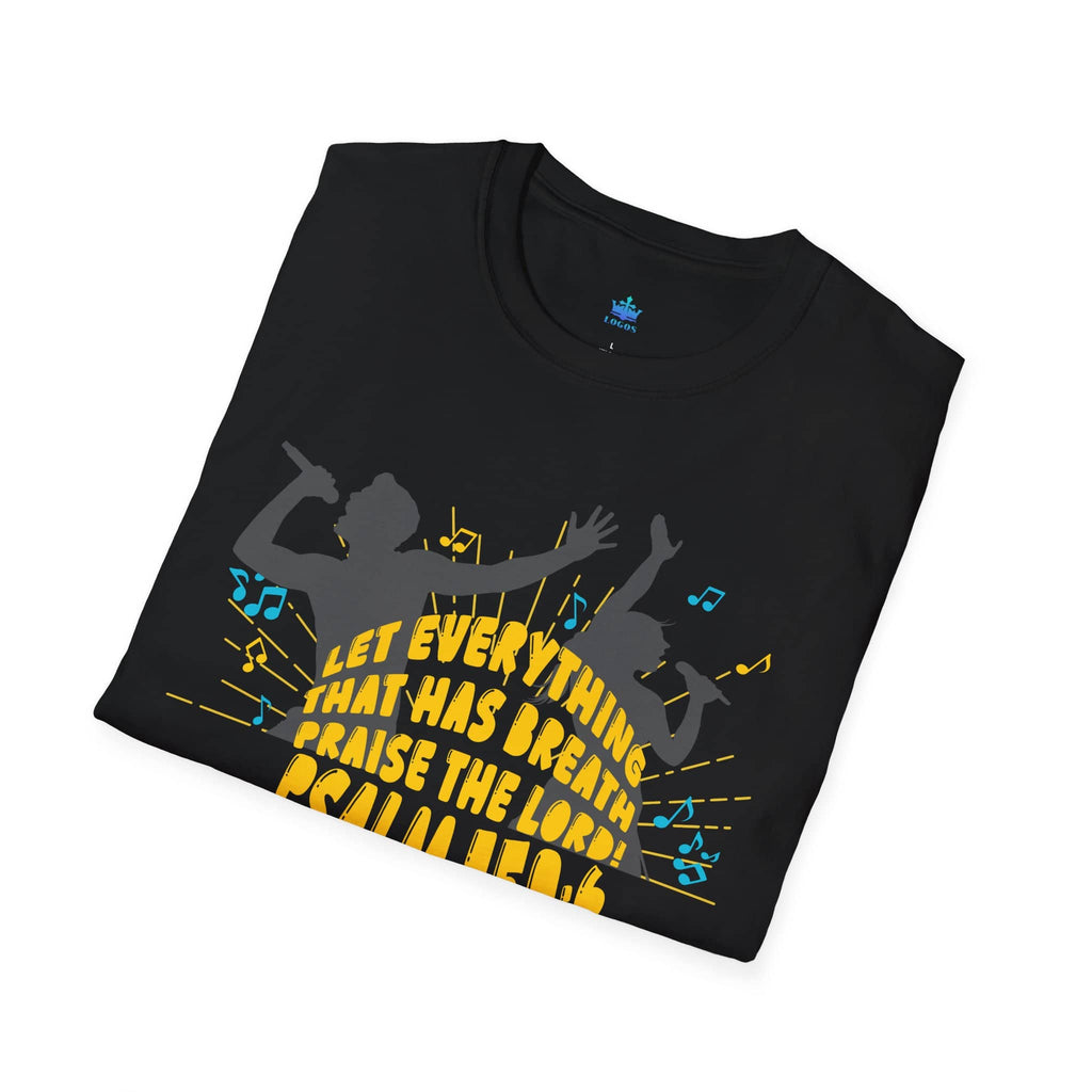 Junior Girls Psalm 150:6 T-Shirt in black featuring vibrant design and music notes