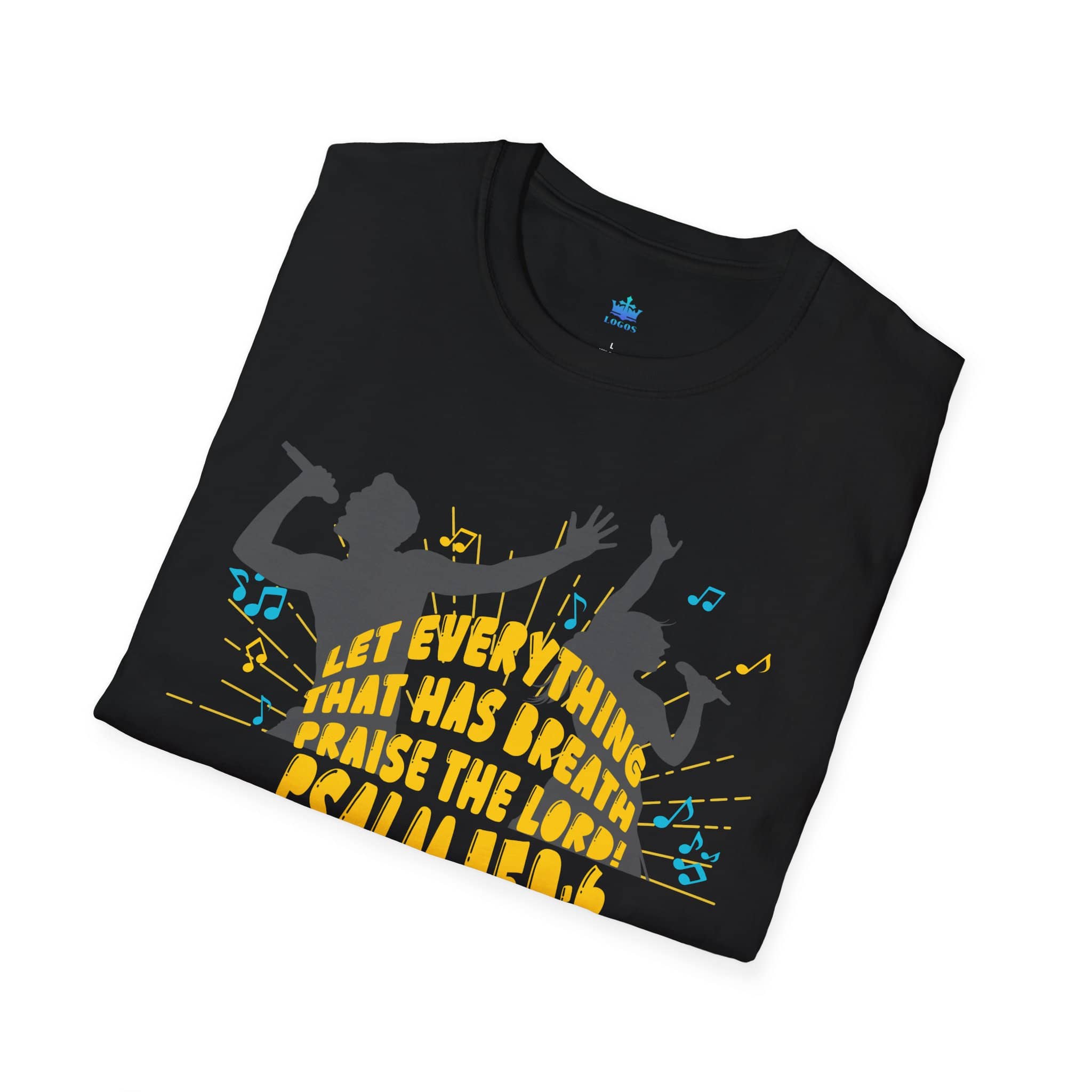 Junior Girls Psalm 150:6 T-Shirt in black featuring vibrant design and music notes