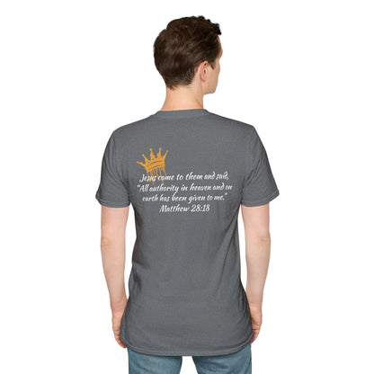 Christ our King t-shirt Matthew 28:18 featuring a crown design and scripture text on the back in graphite heather