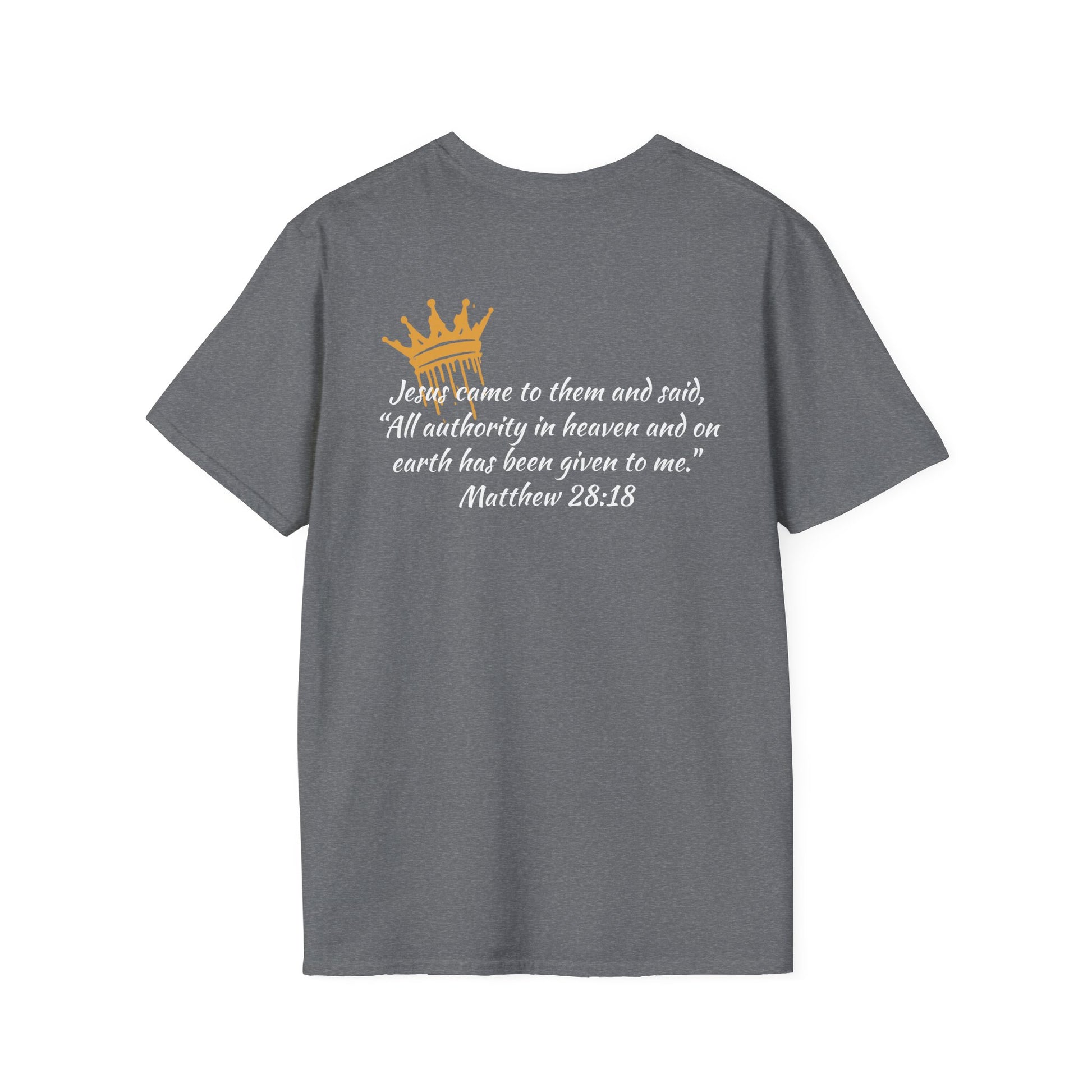 Graphite Heather Christ our King t-shirt Matthew 28:18 with crown graphic and inspirational text on back