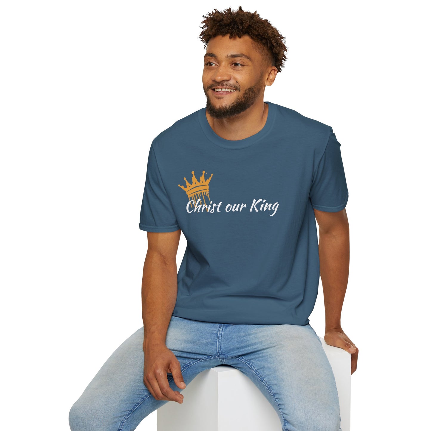 "Christ our King" shirt with a gold crown and bold statement in Indigo Blue