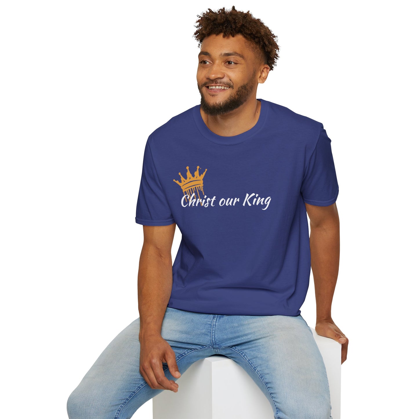 "Christ our King" shirt with a bold statement crowned with a gold crown in Metro Blue