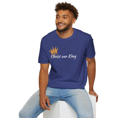 "Christ our King" shirt with a bold statement crowned with a gold crown in Metro Blue