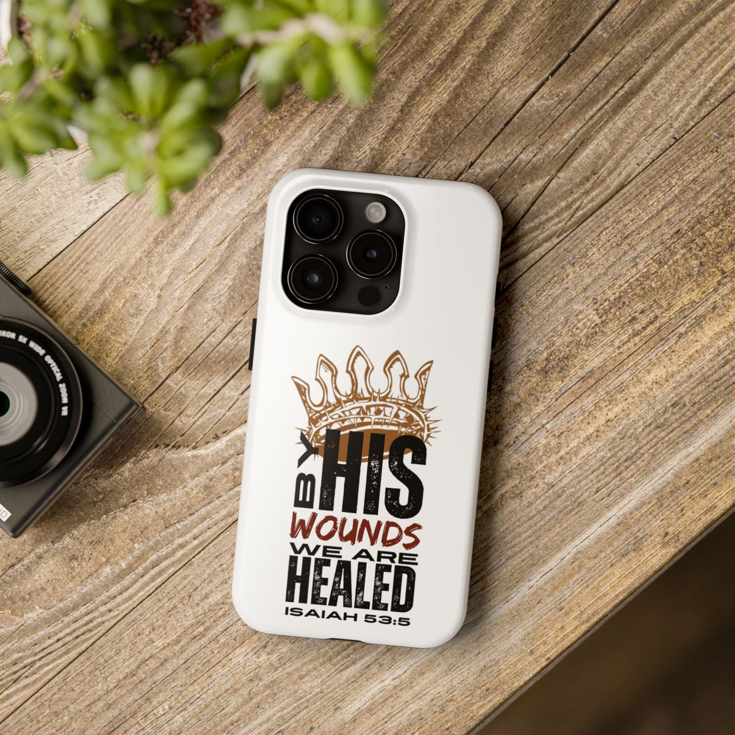 Christian tough phone case with Bible verse and crown design on white iPhone case