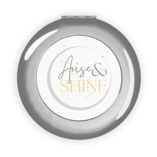 Christian travel mirror with 'Arise & Shine' design in a sleek silver case