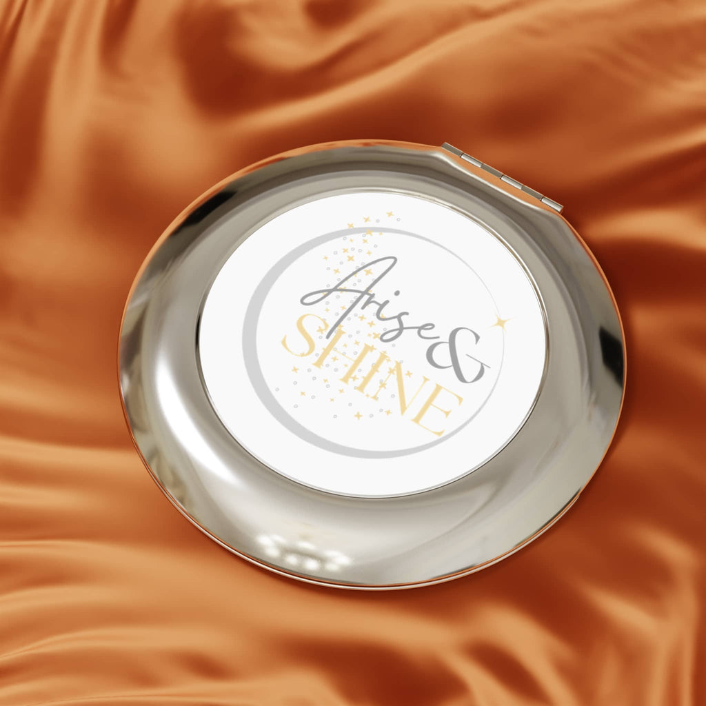 Christian travel mirror with 'Arise & Shine' design for on-the-go spiritual inspiration