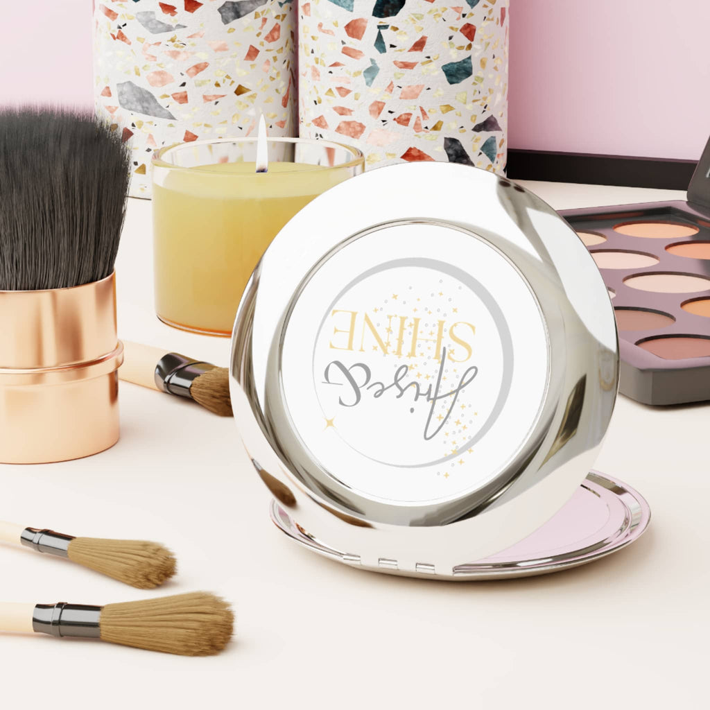 Christian travel mirror with a shiny surface and inspirational message for on-the-go reflection