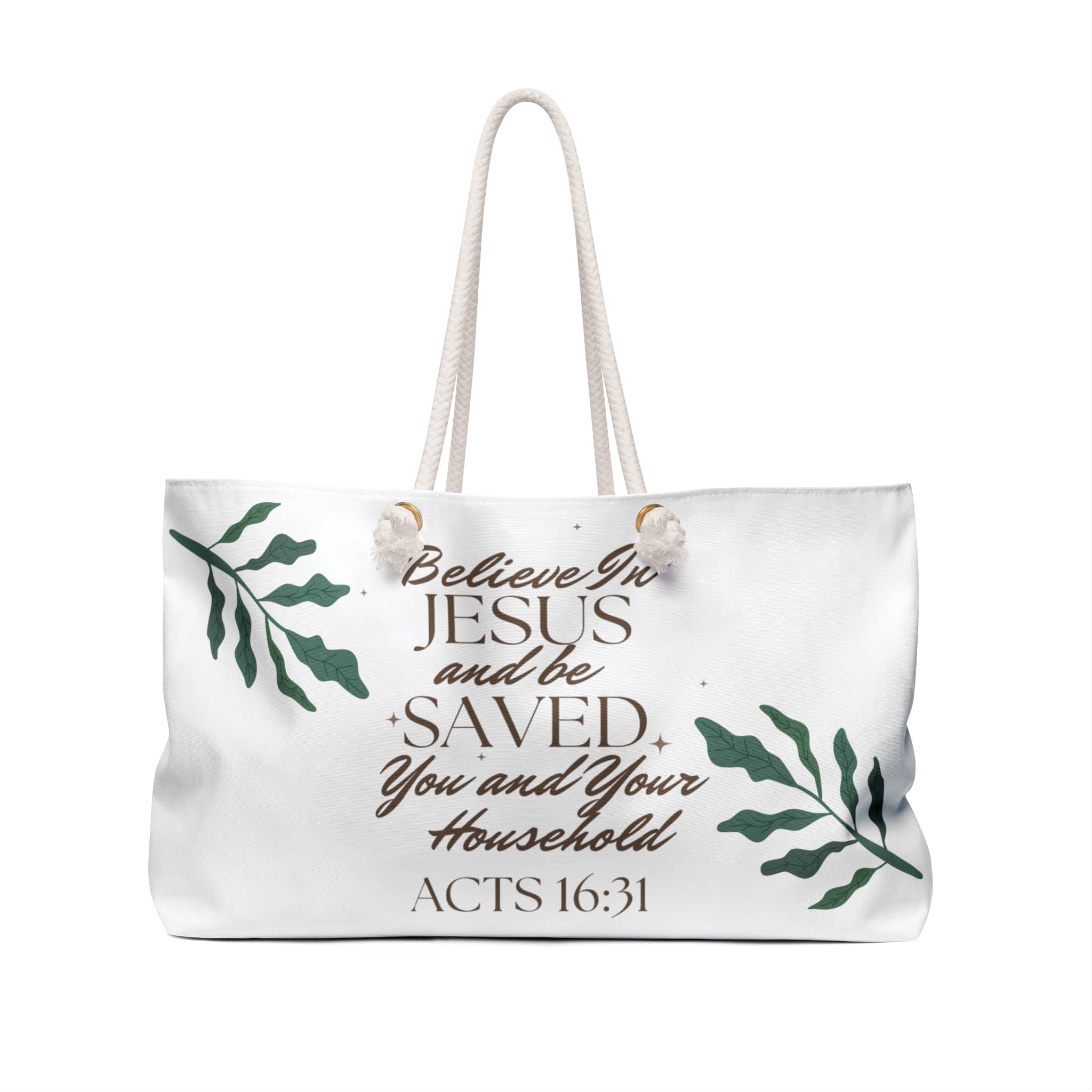 Christian weekender bag with inspirational message and foliage design for believers on the go