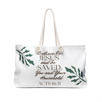 Christian weekender bag with inspirational message and foliage design for believers on the go