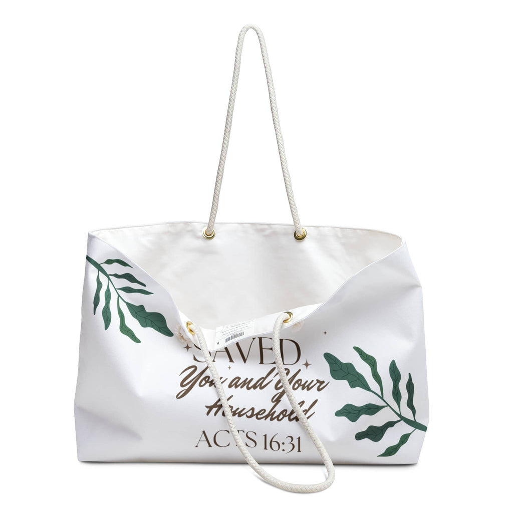Stylish Christian weekender bag with inspirational quote and tropical leaves design