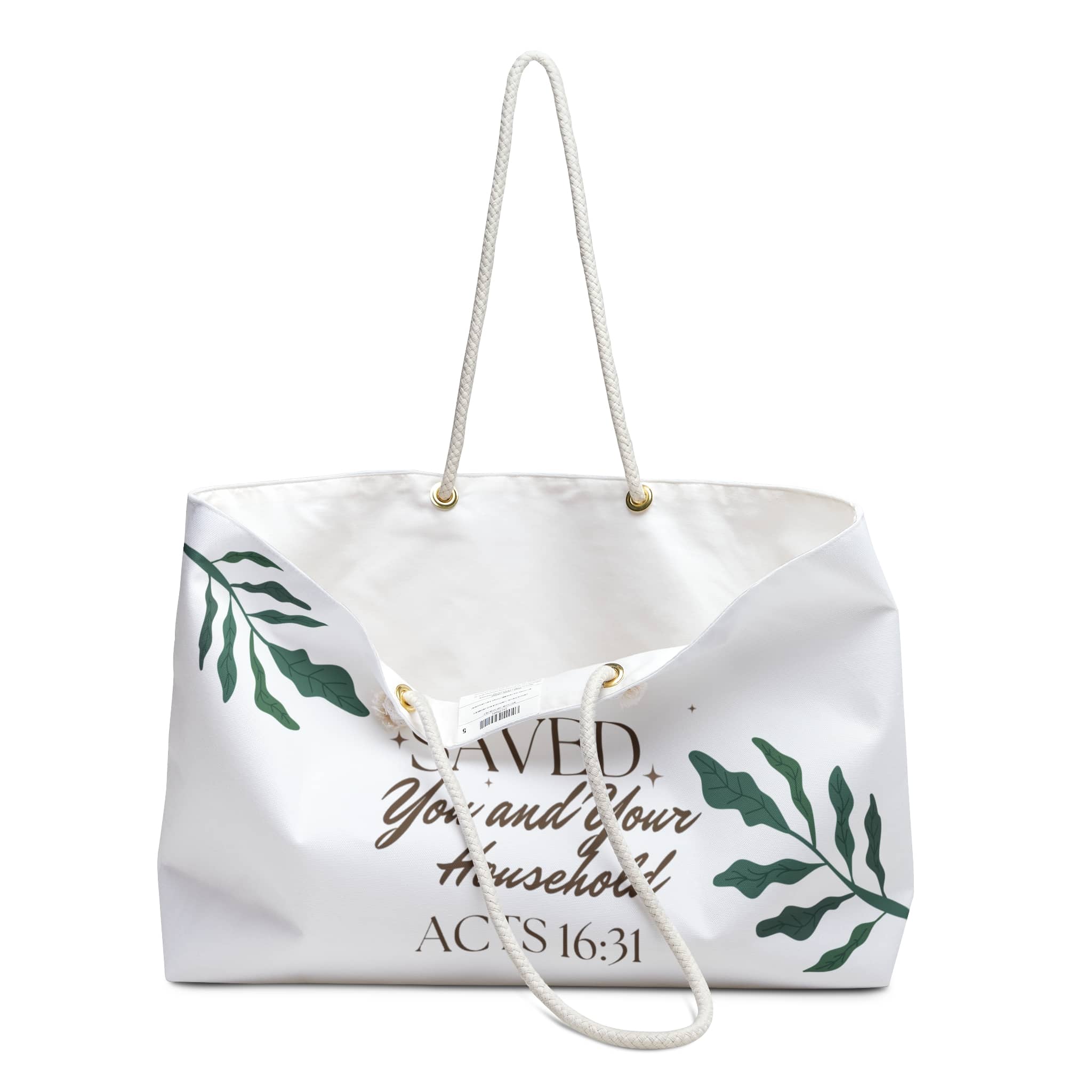 Stylish Christian weekender bag with inspirational quote and tropical leaves design