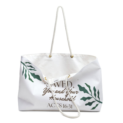 Stylish Christian weekender bag with inspirational quote and tropical leaves design