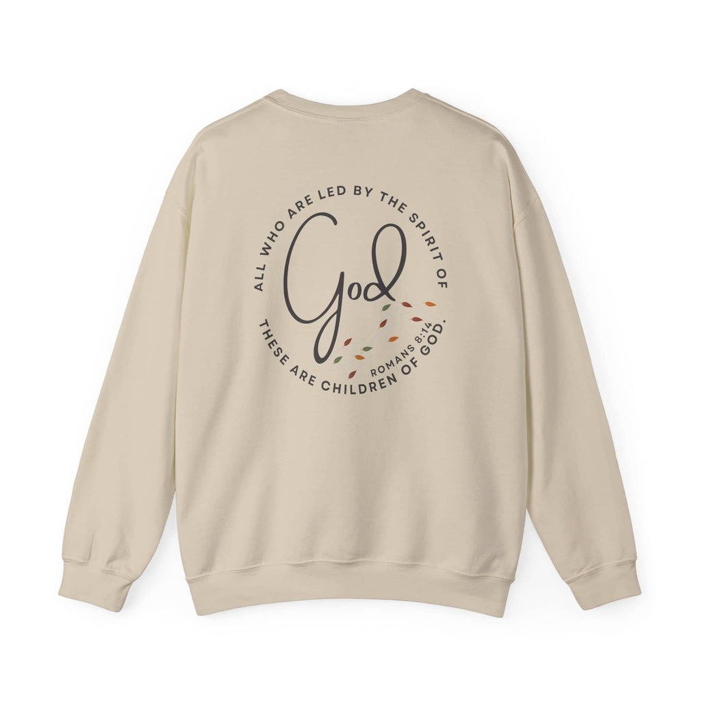 Logos beige Christian women's sweatshirt with Romans 8:14 scripture design on the back