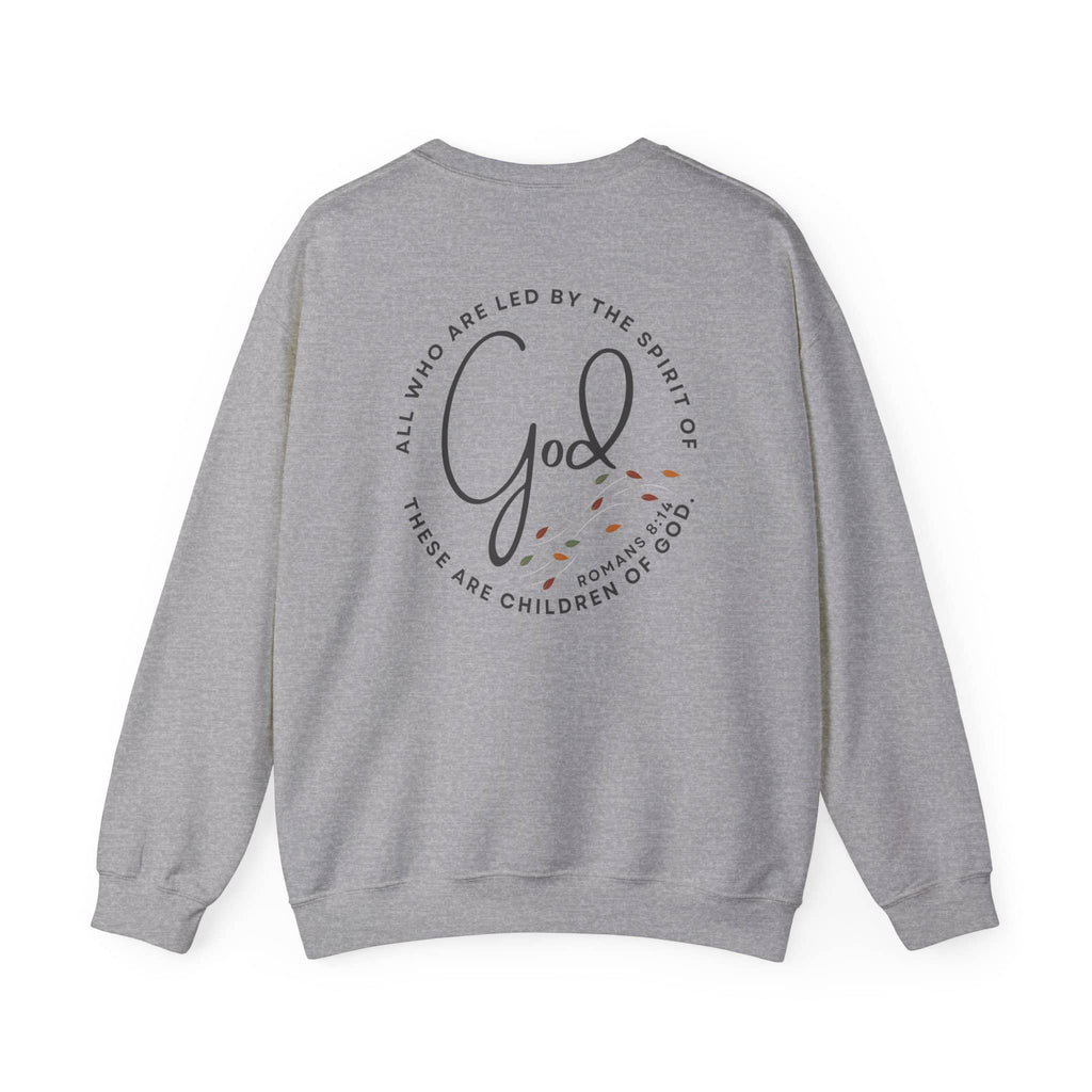 Gray Logos Christian women's sweatshirt with Romans 8:14 scripture design on the back