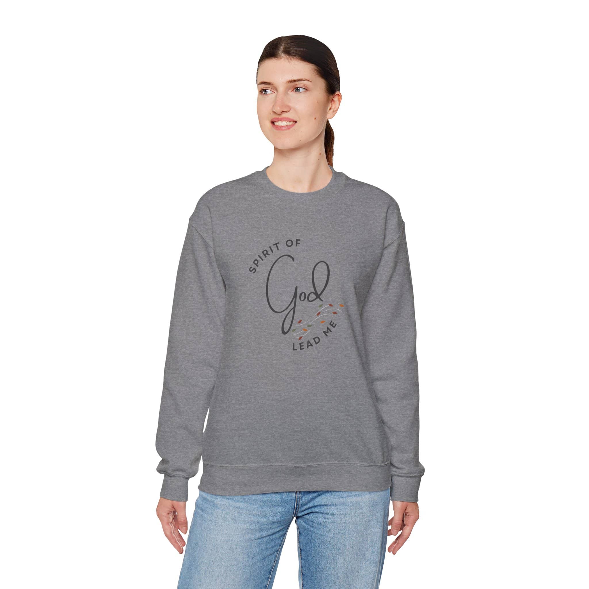 Christian women's sweatshirt in gray with Spirit of God lead me text and floral design print