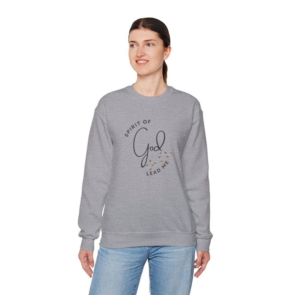 Gray Christian women's sweatshirt with Spirit of God lead me text design modeled by woman