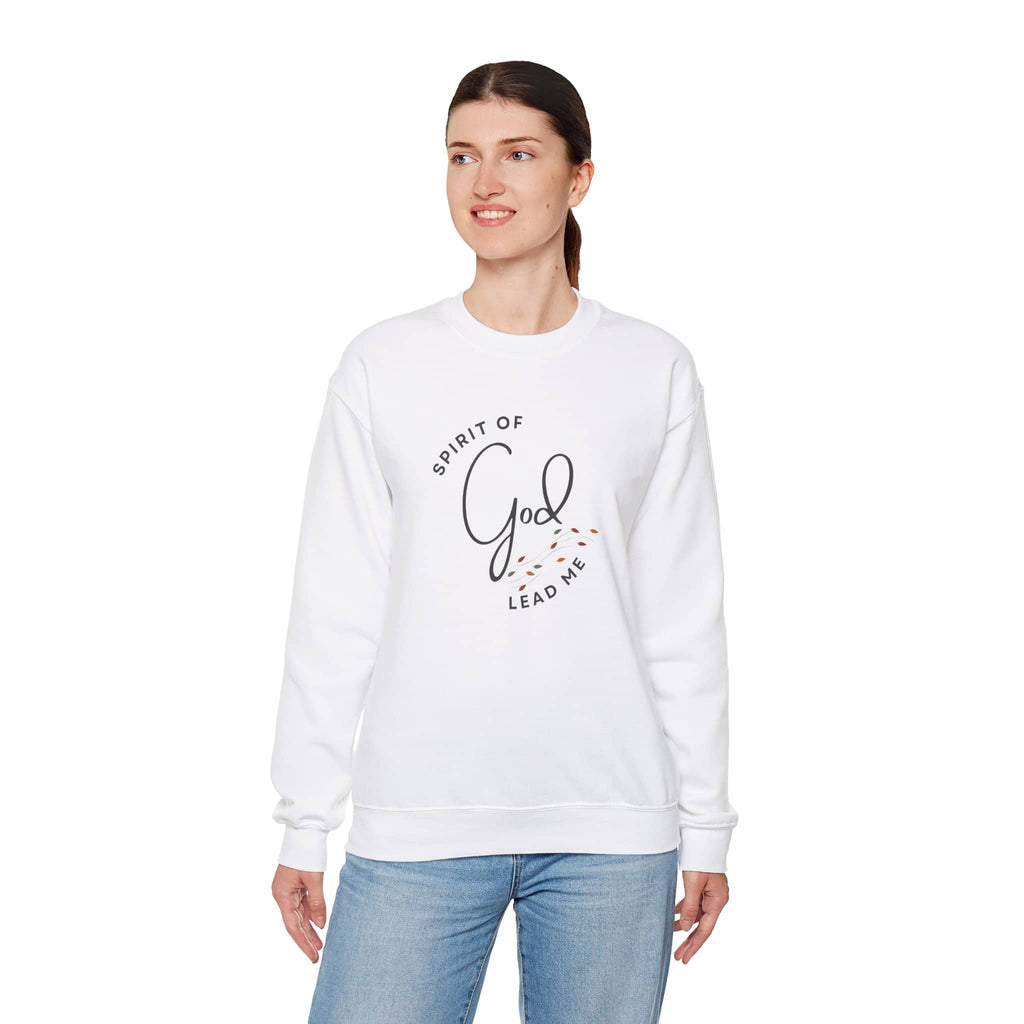 Logos white Christian women's sweatshirt with Spirit of God lead me text worn by woman