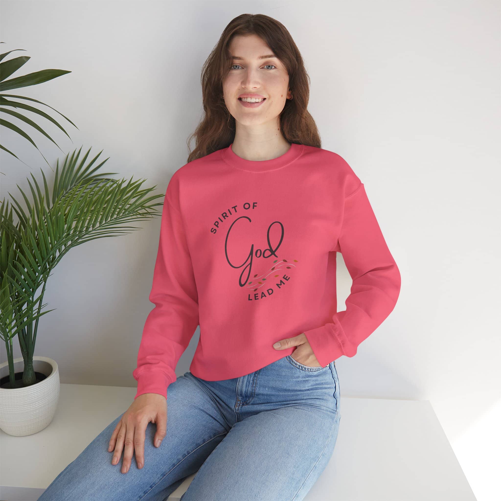 Logos Christian women's sweatshirt in pink with Spirit of God lead me text design