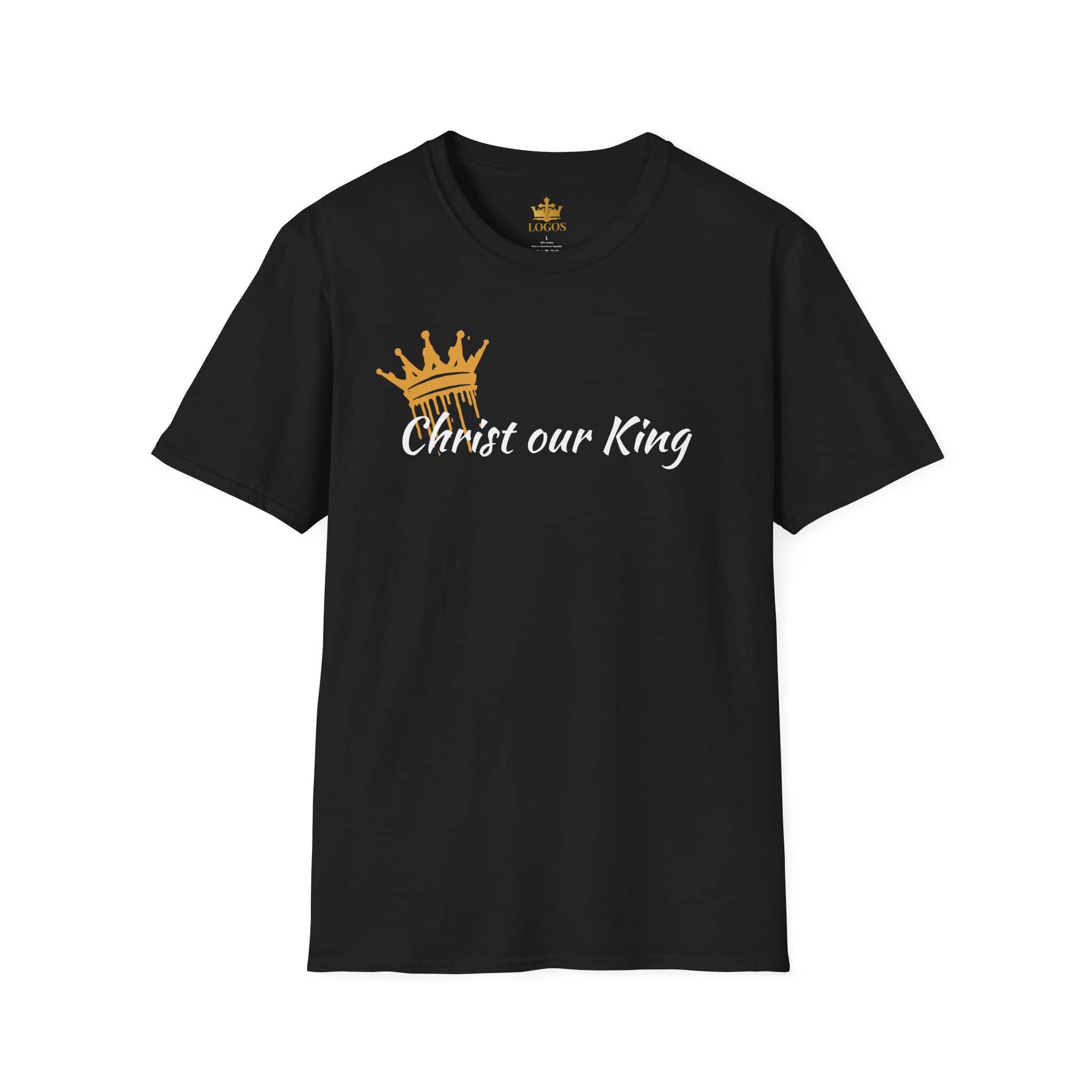 Black Christian women's t-shirt with gold crown and Christ our King text by Logos
