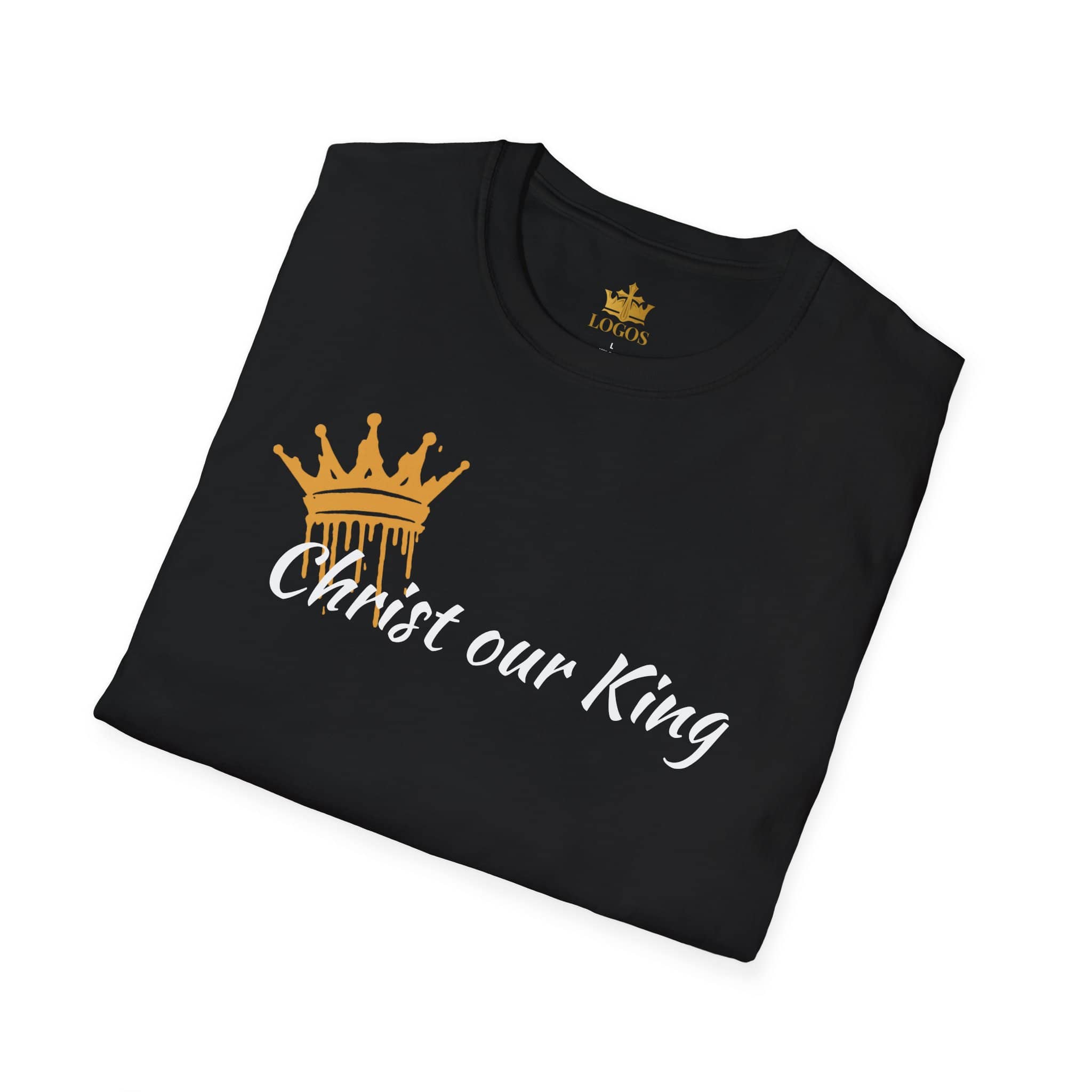 Black Christian women's t-shirt from Logos with gold crown and Christ our King text