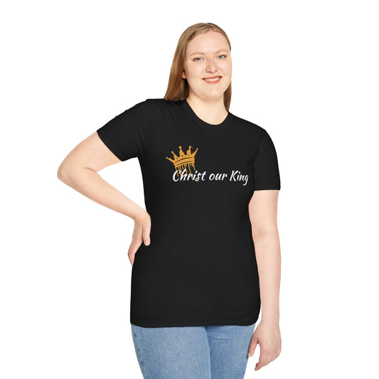 Christian women's t-shirt in black with Christ our King gold crown design worn by Logos