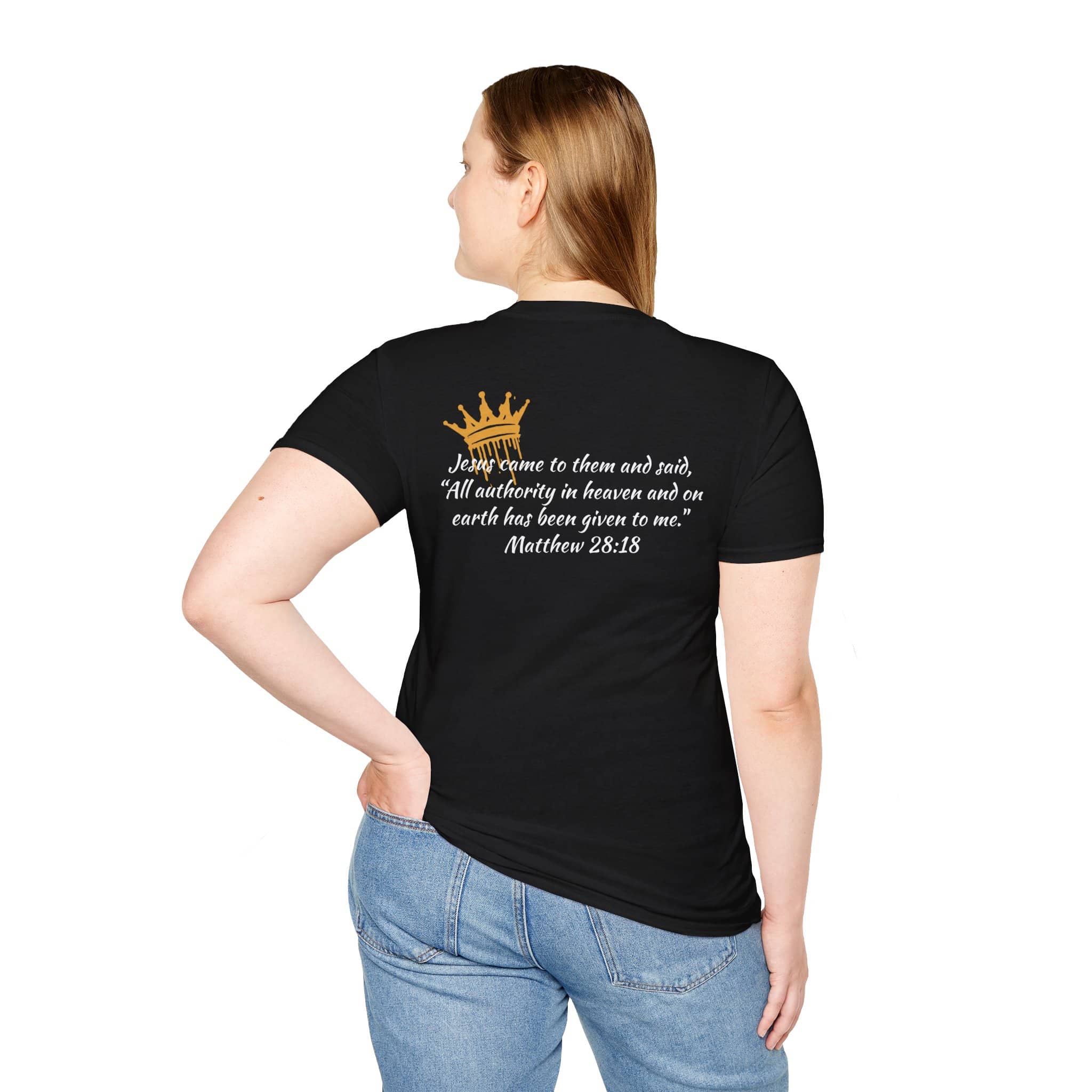 Christian women's t-shirt in black with Bible verse Matthew 28:18 and gold crown graphic by Logos 