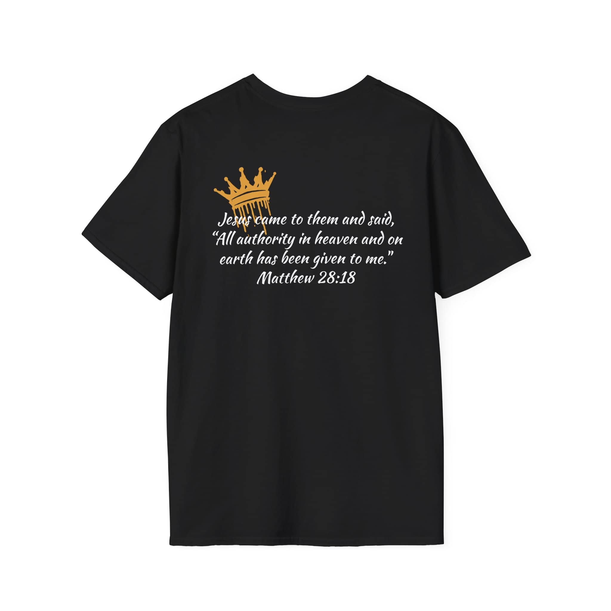 Black Christian women's t-shirt by Logos Co. featuring a Bible verse Matthew 28 18 with a gold crown design