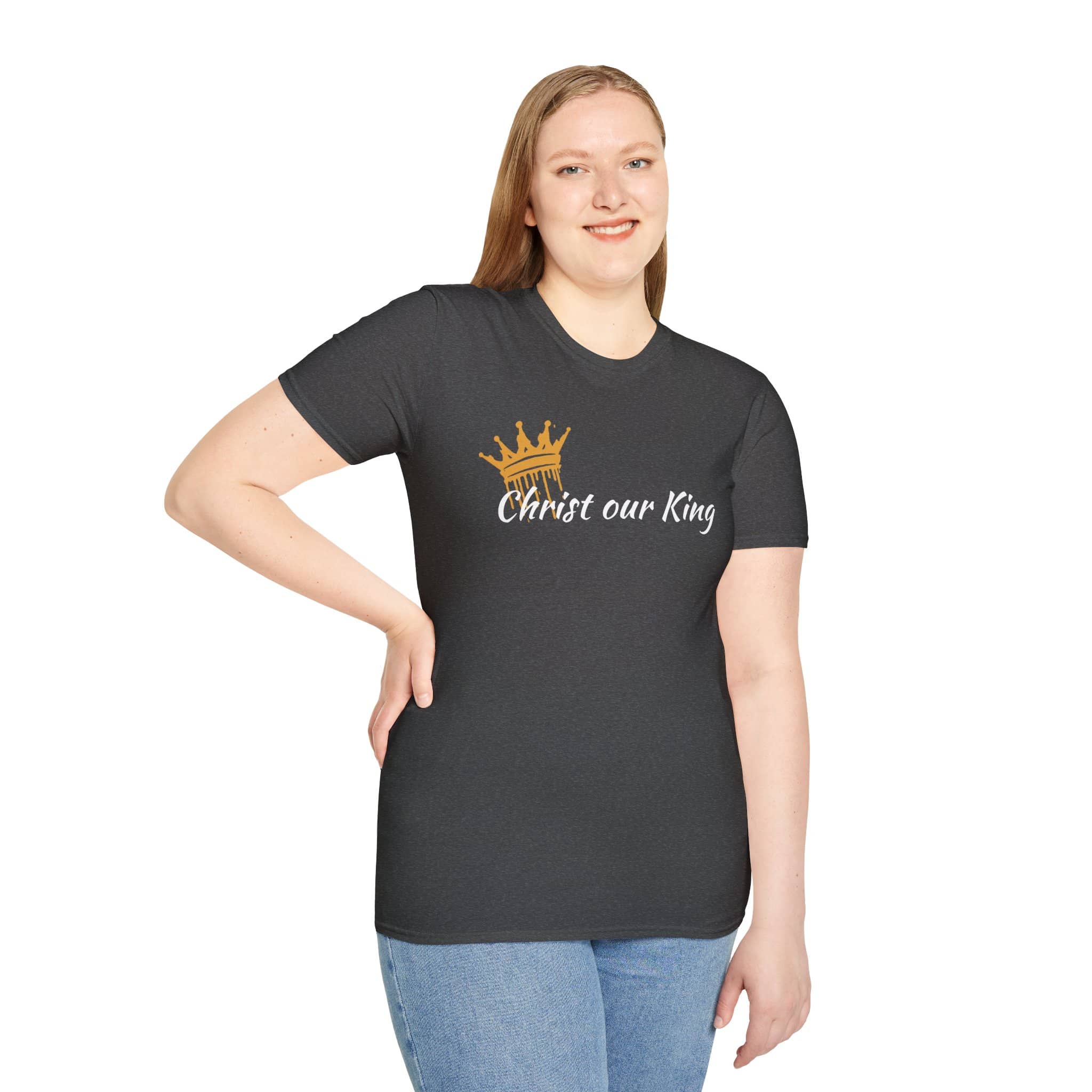 Logos Co. Christian women's t-shirt in black with gold crown and Christ our King text