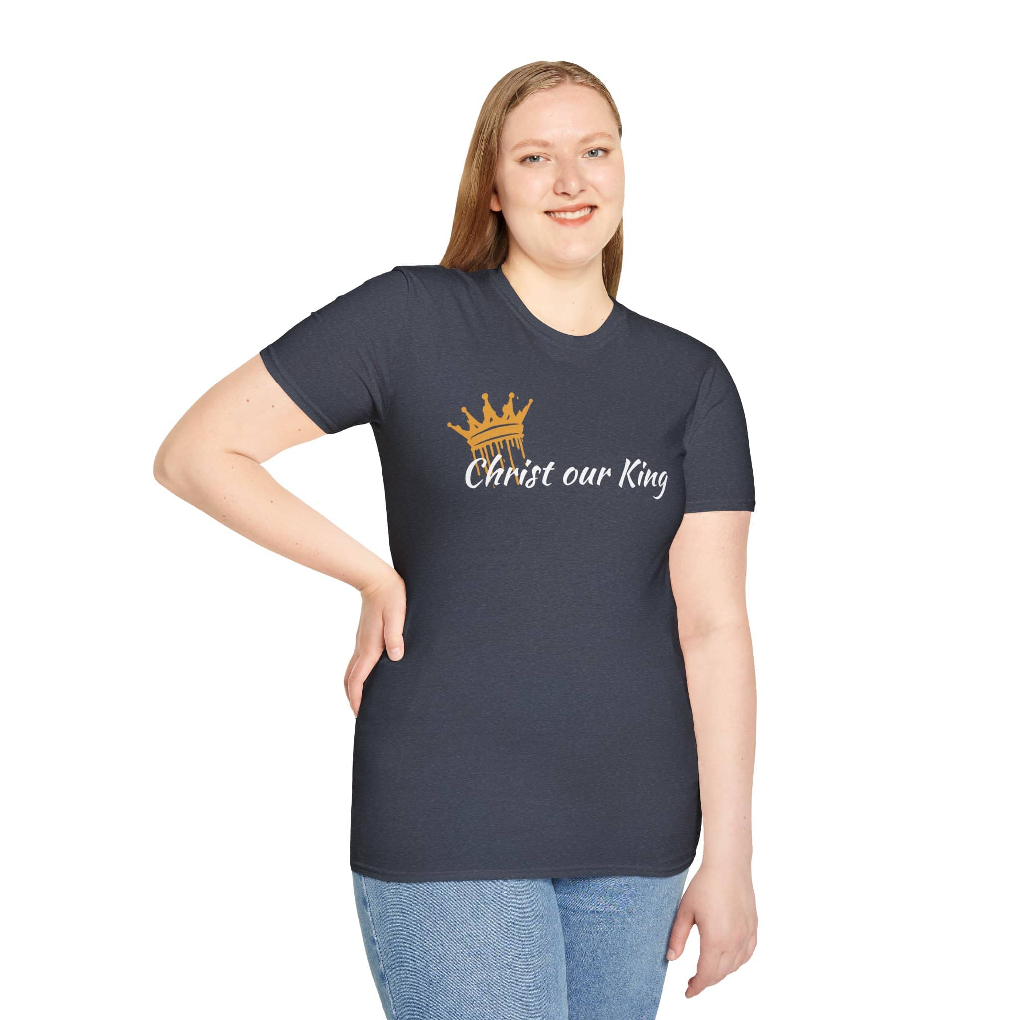 Logos Co. Christian women's t-shirt in navy with Christ our King text and gold crown design