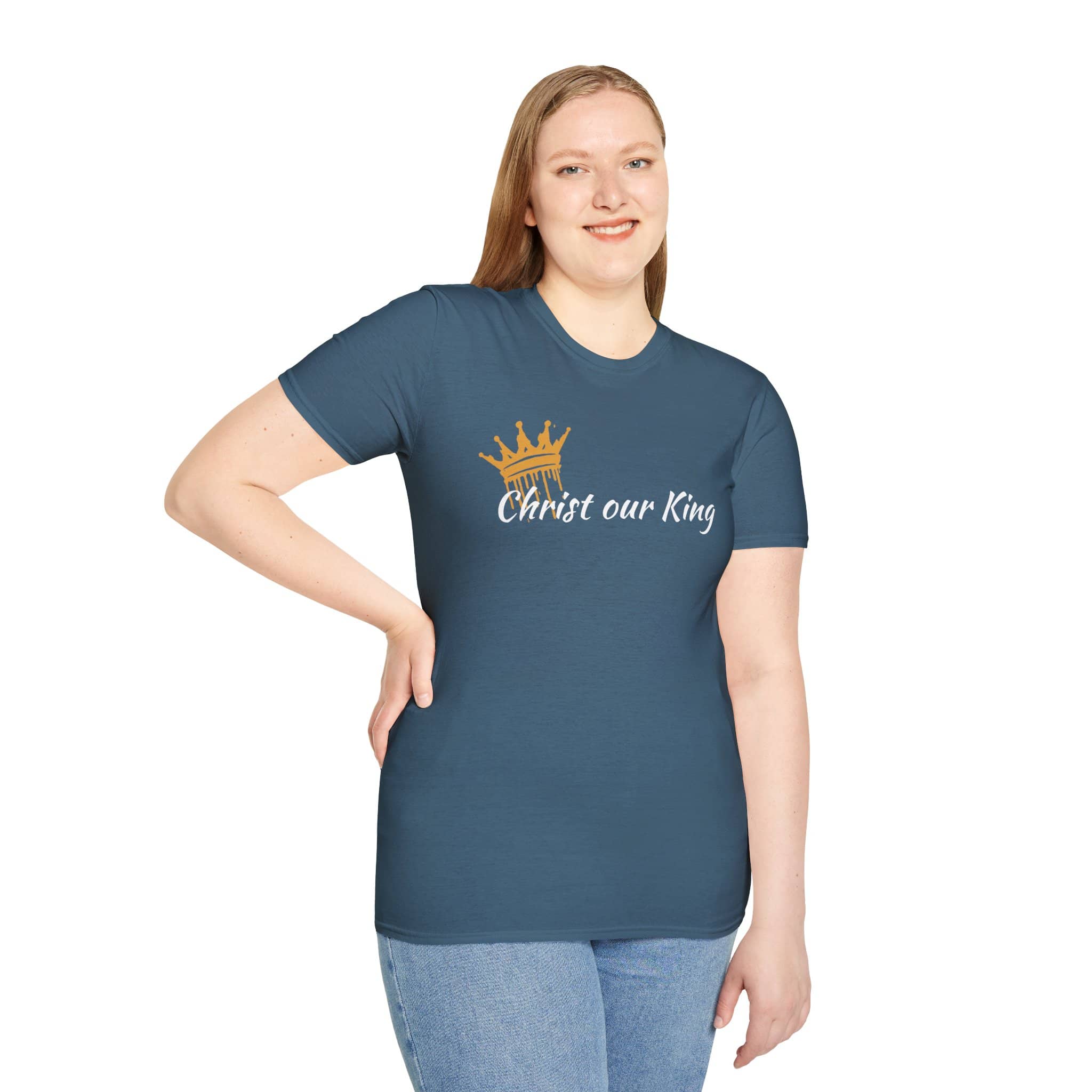 Christian women's t-shirt in blue with Christ our King design worn by smiling woman
